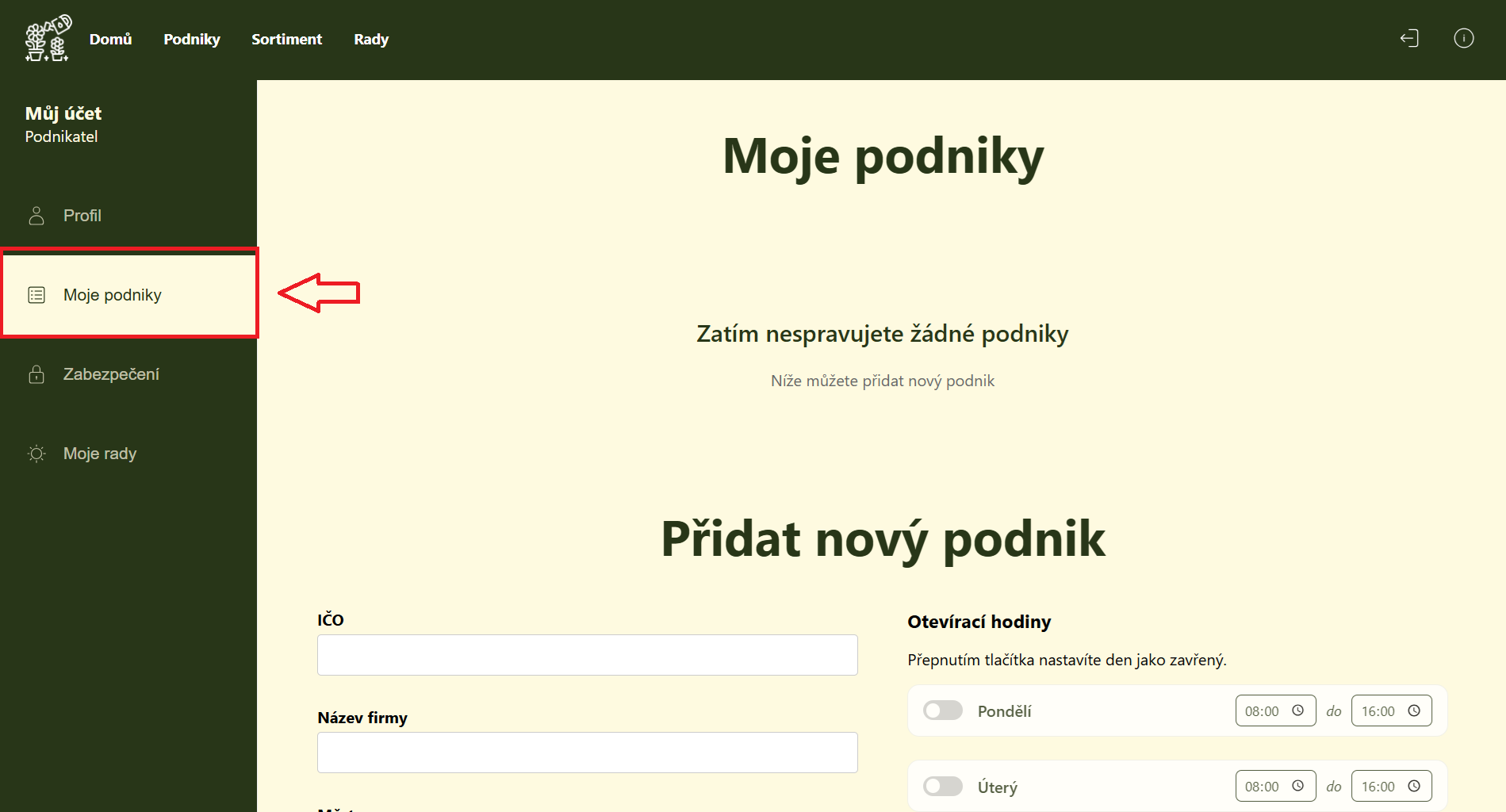 Správa sekce Moje podniky