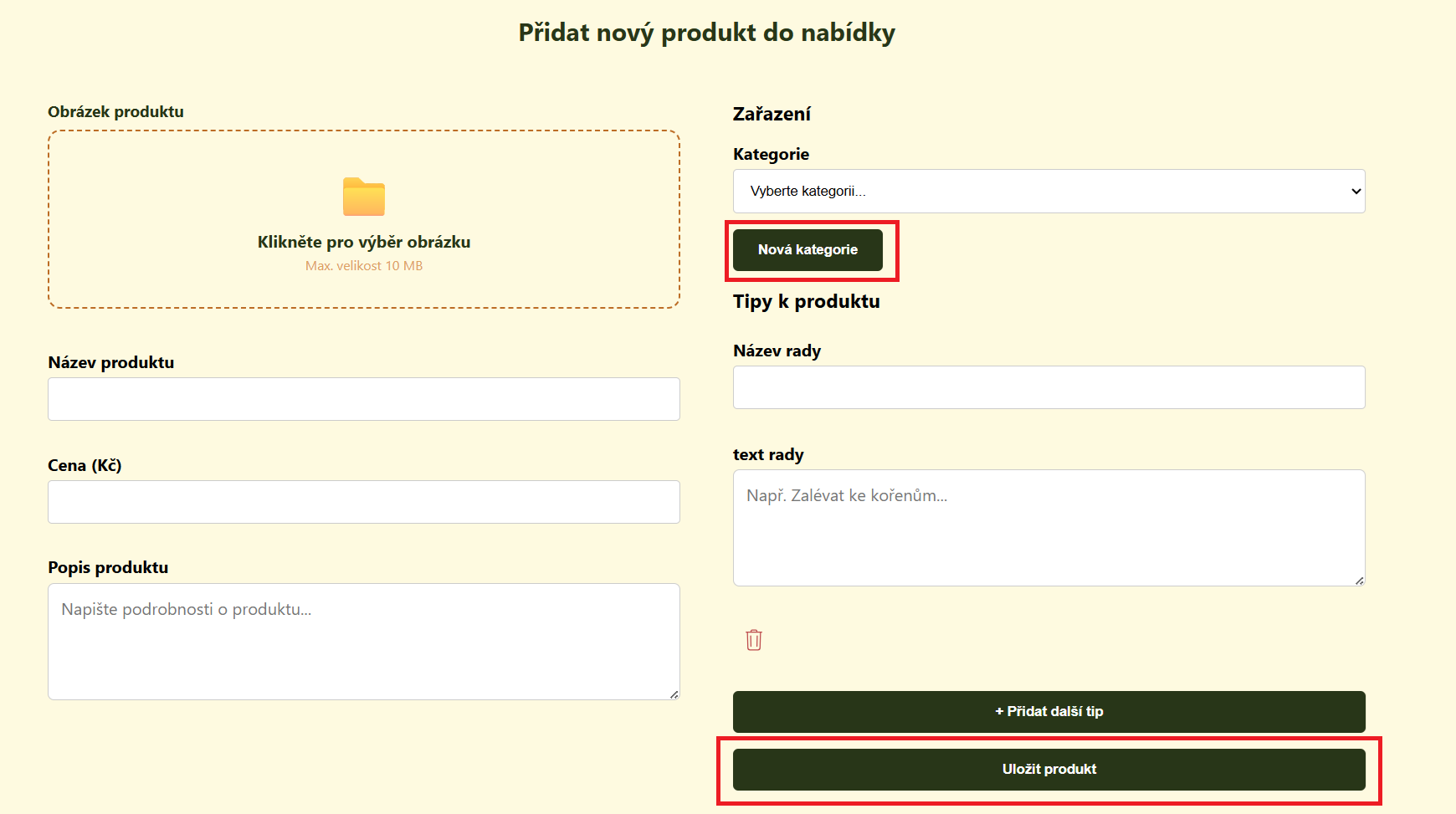 Formulář pro přidání produktu
